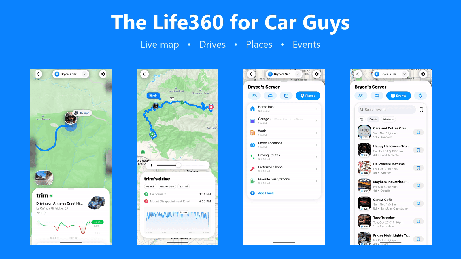 AutoLNK Private Server, the Life360 for car guys: live drive, drive replay, places and events