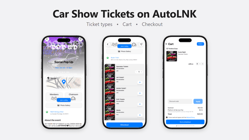 AutoLNK car show tickets: event page, ticket list with checkout, and cart