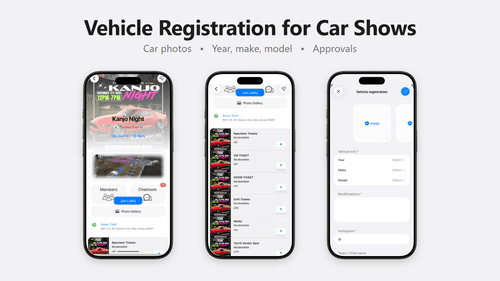 AutoLNK vehicle registration for car shows: show ticket and registration form with car photos, year, make and model